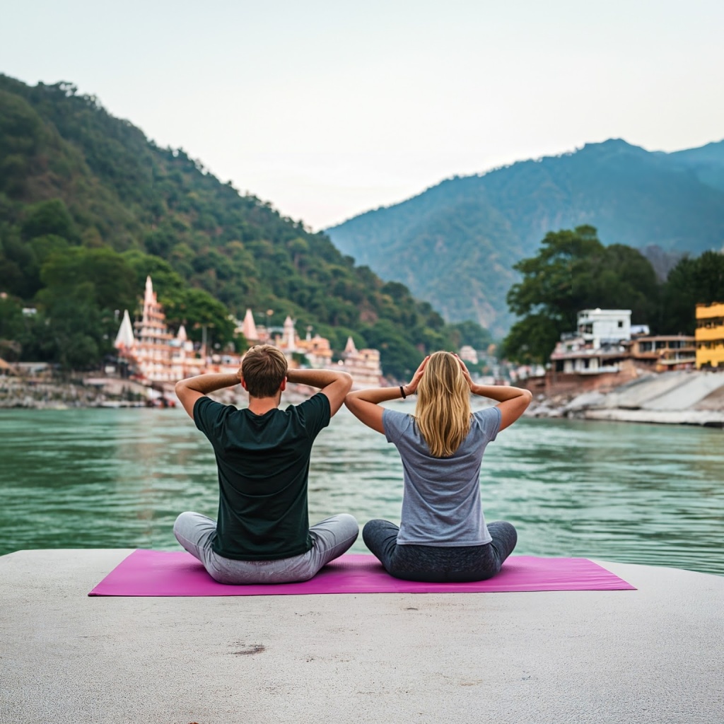 Tourists practicing yoga by the Ganges River in Rishikesh, the yoga capital of the world