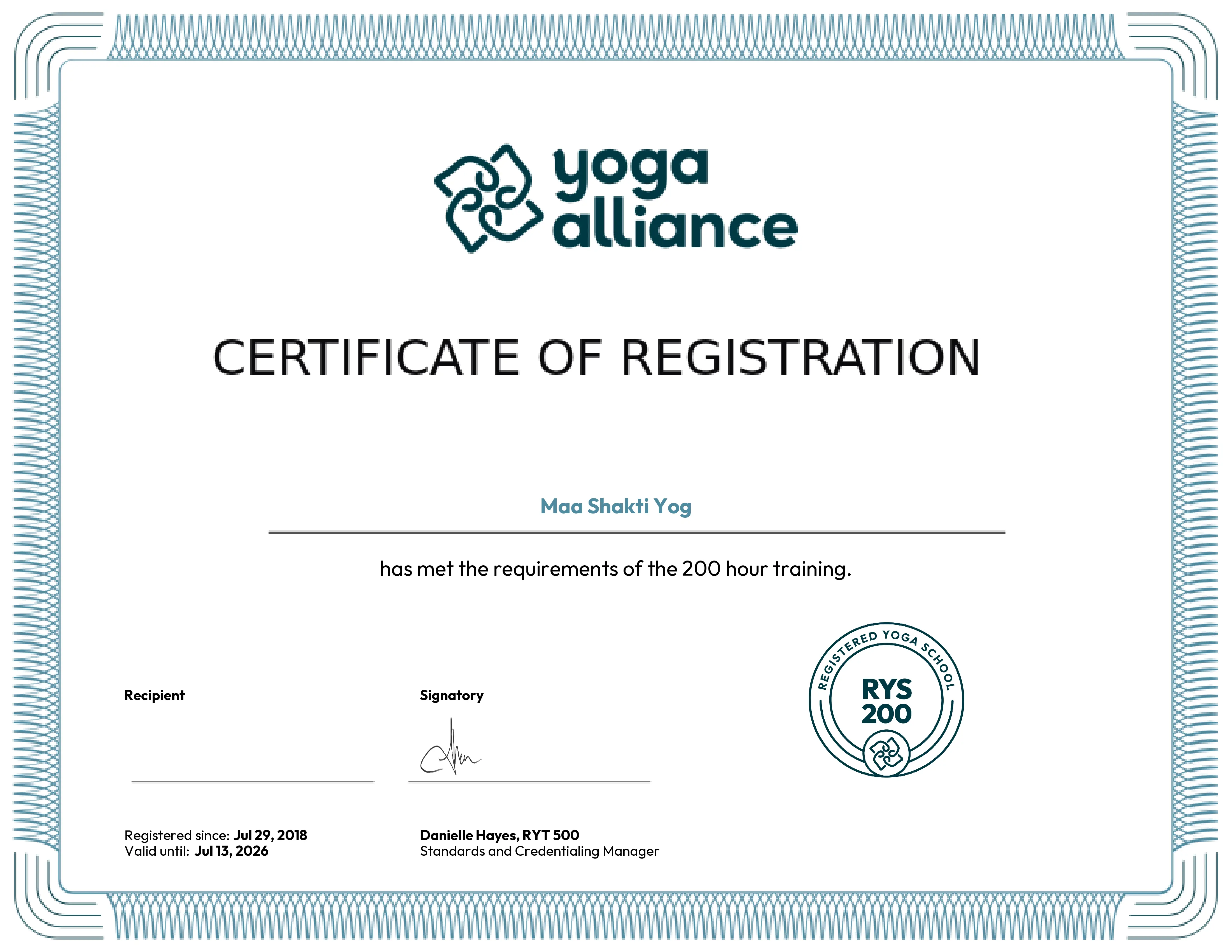 Maa Shakti Yog 200 YTTC Certificate